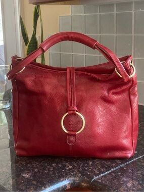 Floto Firenze Italian Red Leather Brass Trim Elegant Handbag 14"x11"